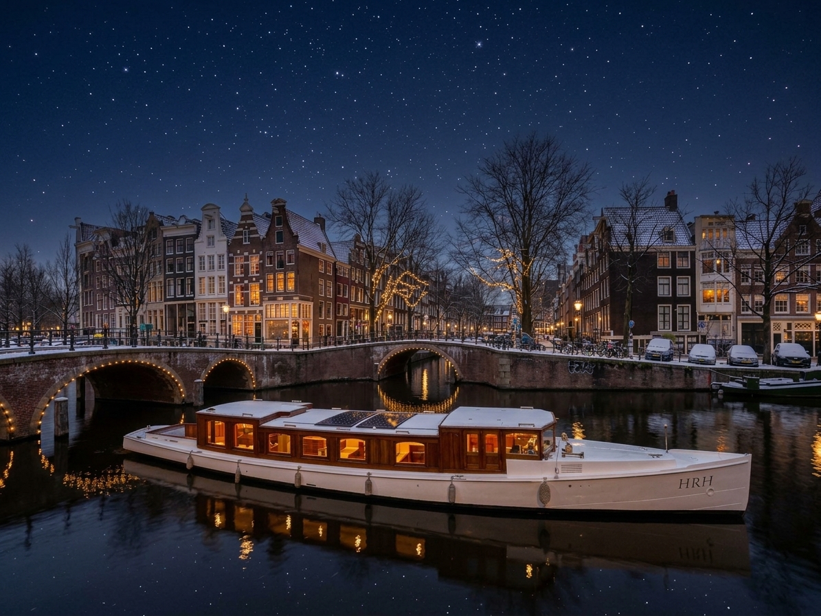 Saloon boat HRH cruising along snow-covered Amsterdam canals in the evening
