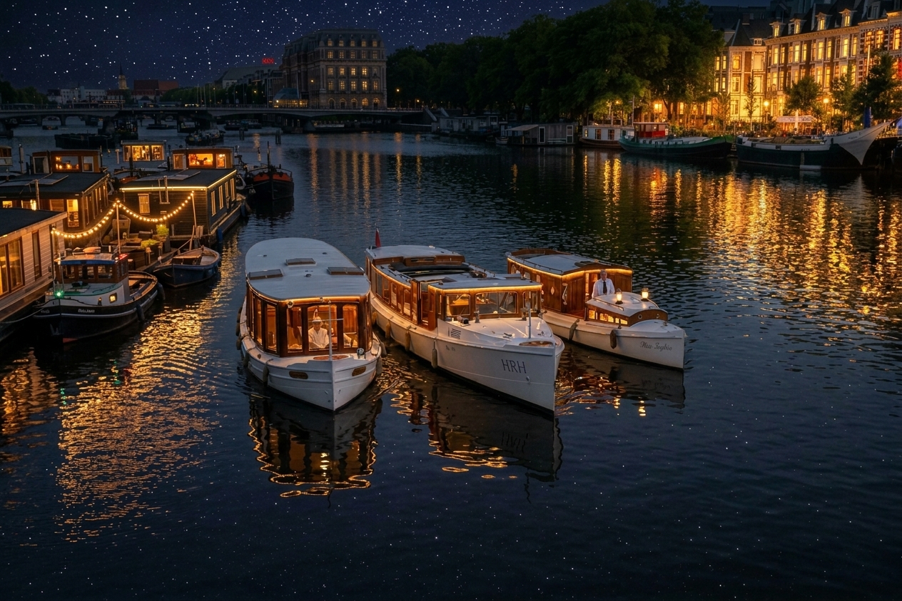 Three illuminated saloon boats on Amsterdam’s waterways at night