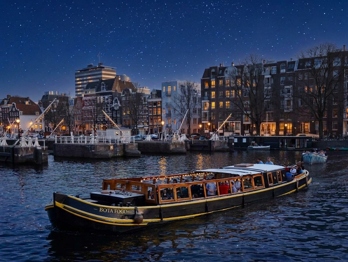 Saloon boat Bota Fogo beneath a starry evening sky on the Amsterdam canals