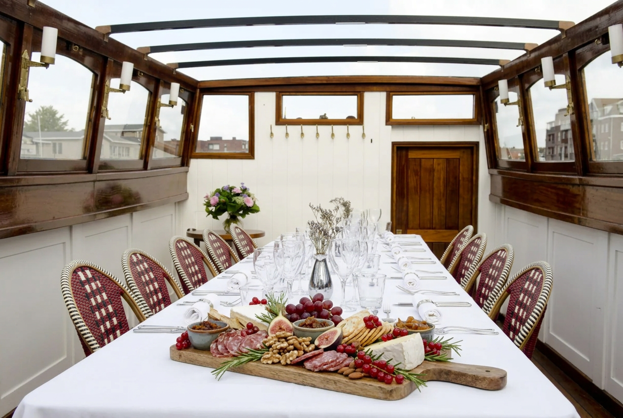 A festive winter sharing board on a table aboard a saloon boat