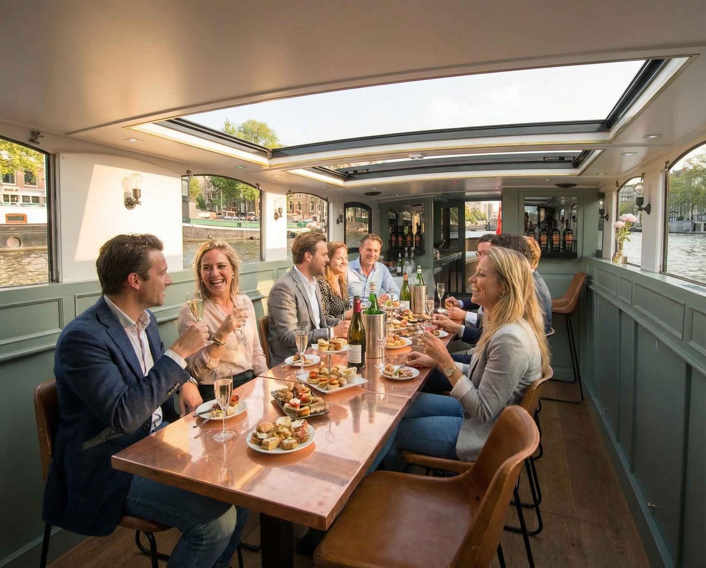 Enjoying bites together at the table on a saloon boat